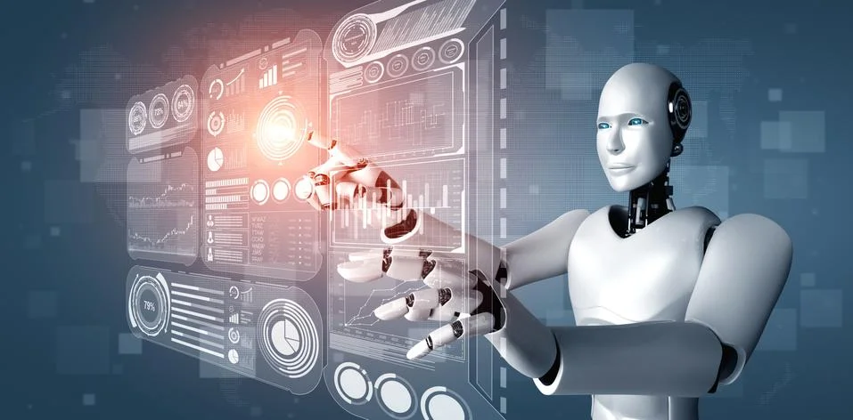 AI humanoid robot touching virtual hologram screen showing concept of big data Stockillustratie