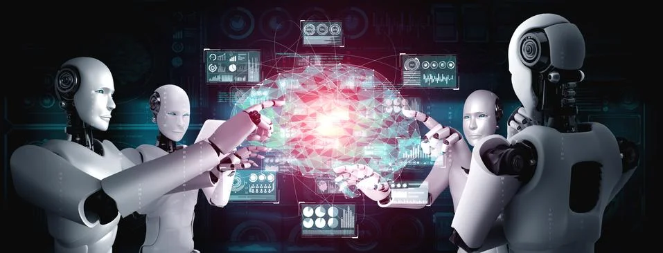 AI humanoid robot touching virtual hologram screen showing concept of AI brain Stock Illustration