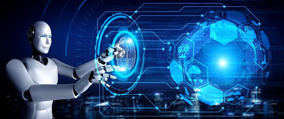 AI humanoid robot touching virtual hologram screen showing concept of big data 스톡 일러스트
