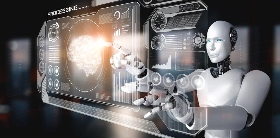 AI humanoid robot touching virtual hologram screen showing concept of big data Stockillustratie