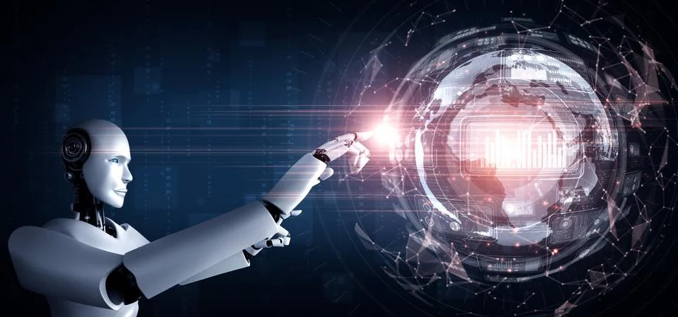 AI humanoid robot touching virtual hologram screen showing concept of big data Stock Illustration