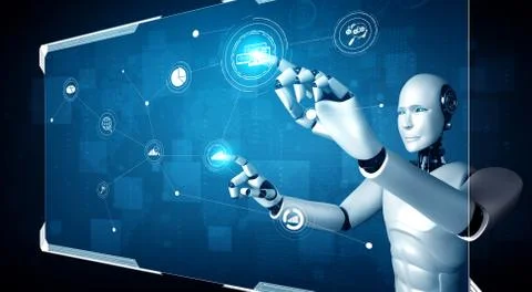 AI humanoid robot touching virtual hologram screen showing concept of big data Stock-Illustration