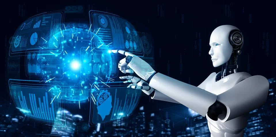 AI humanoid robot touching virtual hologram screen showing concept of big data 스톡 일러스트