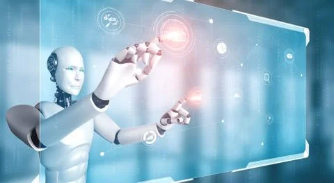 AI humanoid robot touching virtual hologram screen showing concept of big data 스톡 일러스트