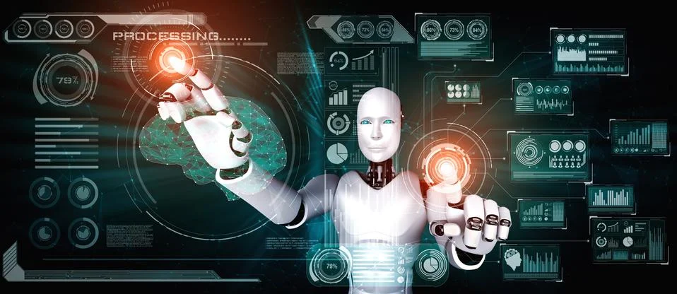 AI humanoid robot touching virtual hologram screen showing concept of big data Stock Illustration