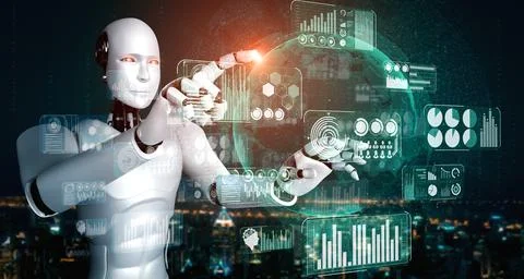 AI humanoid robot touching virtual hologram screen showing concept of big data 스톡 일러스트