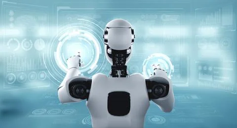 AI humanoid robot touching virtual hologram screen showing concept of big data Stock Illustration
