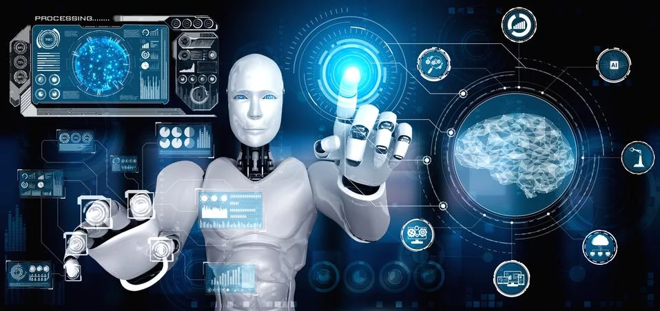 AI humanoid robot touching virtual hologram screen showing concept of AI brain Stock Illustration