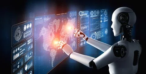 AI humanoid robot touching virtual hologram screen showing concept of big data Stockillustratie