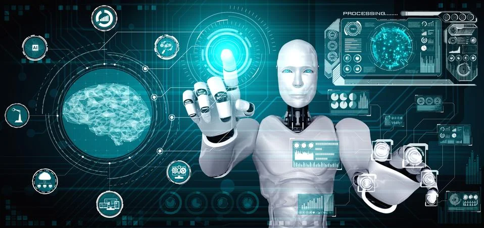 AI humanoid robot touching virtual hologram screen showing concept of big data Stock Illustration