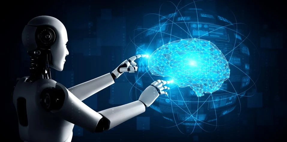 AI humanoid robot touching virtual hologram screen showing concept of AI brain Stock Illustration