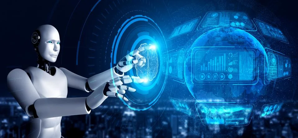 AI humanoid robot touching virtual hologram screen showing concept of AI brain Stock Illustration