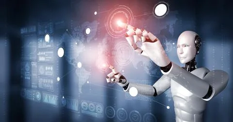 AI humanoid robot touching virtual hologram screen showing concept of big data 스톡 일러스트