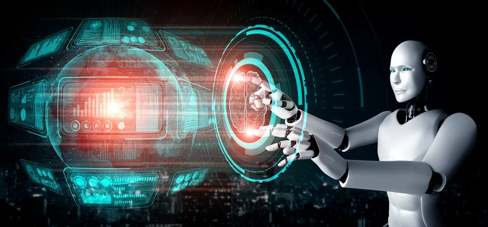 AI humanoid robot touching virtual hologram screen showing concept of big data イラスト素材