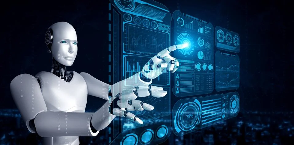 AI humanoid robot touching virtual hologram screen showing concept of big data Stock Illustration