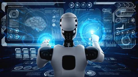 AI humanoid robot touching virtual hologram screen showing concept of AI brain Stockillustratie