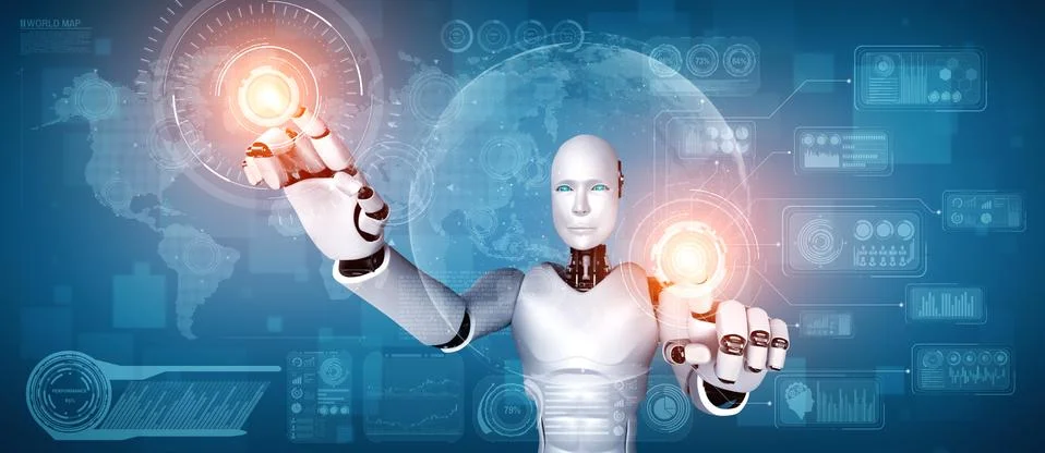 AI humanoid robot touching virtual hologram screen showing concept of big data Stock Illustration