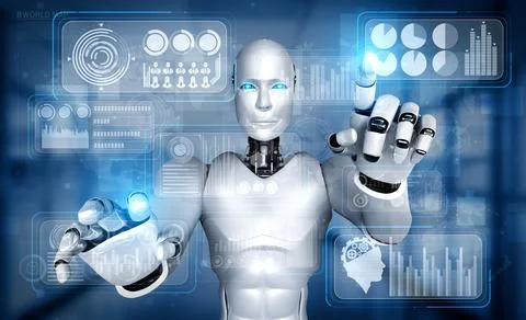 AI humanoid robot touching virtual hologram screen showing concept of big data Stock Illustration