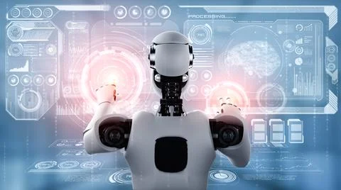 AI humanoid robot touching virtual hologram screen showing concept of big data 스톡 일러스트