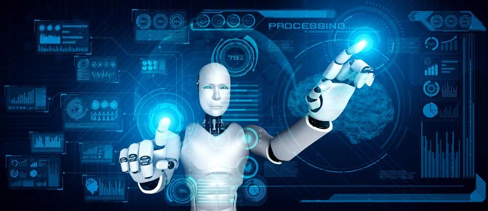 AI humanoid robot touching virtual hologram screen showing concept of big data Stockillustratie