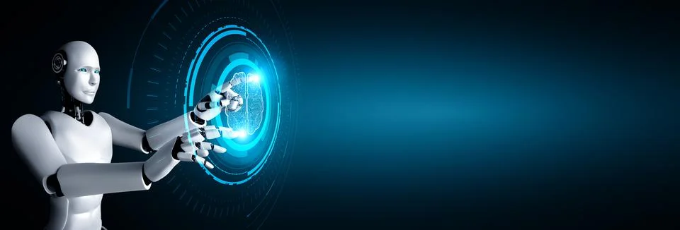 AI humanoid robot touching virtual hologram screen showing concept of AI brain 스톡 일러스트