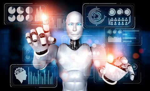 AI humanoid robot touching virtual hologram screen showing concept of big data Stockillustratie