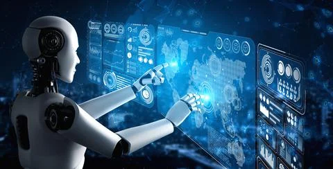 AI humanoid robot touching virtual hologram screen showing concept of big data 스톡 일러스트