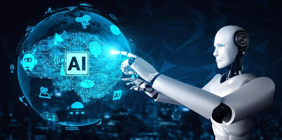 AI humanoid robot touching virtual hologram screen showing concept of AI brain Stock Illustration