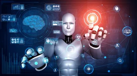 AI humanoid robot touching virtual hologram screen showing concept of AI brain 스톡 일러스트