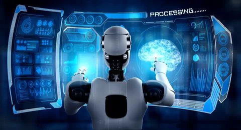 AI humanoid robot touching virtual hologram screen showing concept of big data Stock Illustration