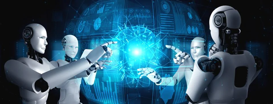 AI humanoid robot touching virtual hologram screen showing concept of big data 스톡 일러스트