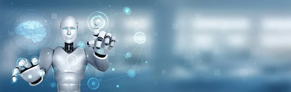 AI humanoid robot touching virtual hologram screen showing concept of AI brain Stock Illustration
