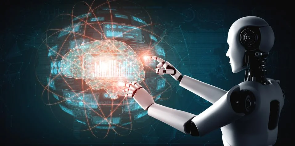 AI humanoid robot touching virtual hologram screen showing concept of big data 스톡 일러스트