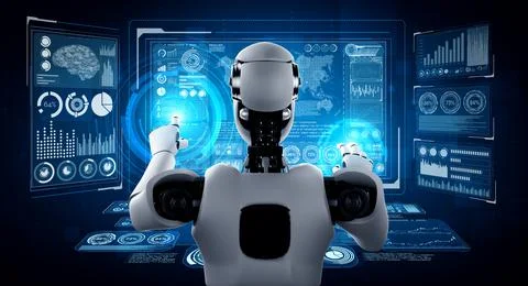 AI humanoid robot touching virtual hologram screen showing concept of big data 스톡 일러스트