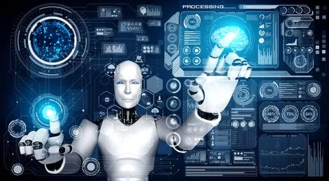 AI humanoid robot touching virtual hologram screen showing concept of big data 스톡 일러스트