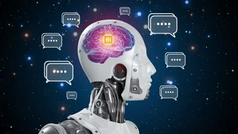 AI icon in glowing brain inside robot head, digital chat bot concept. Stock Footage 237353955