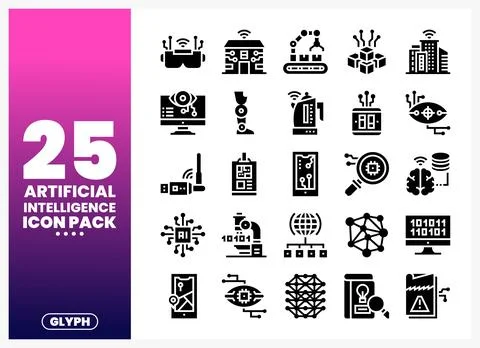 AI icon pack glyphs for digital innovation and technology. 스톡 일러스트