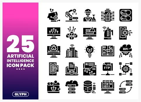 AI icon pack with technology. data. and brain symbols Stock Illustration