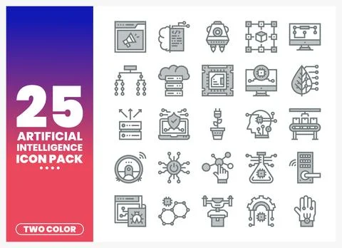 AI icon pack with two-color icons displayed on a gradient background Stock Illustration