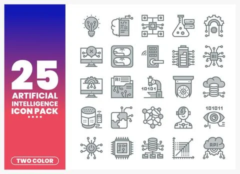 AI icon pack with two-color design. presented on a white background with gr.. Stock Illustration