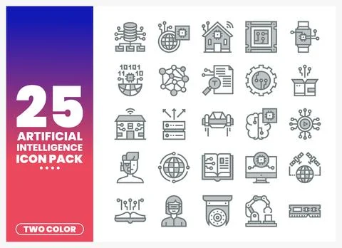 AI icon pack in two colors on a blue and pink gradient background Stock Illustration