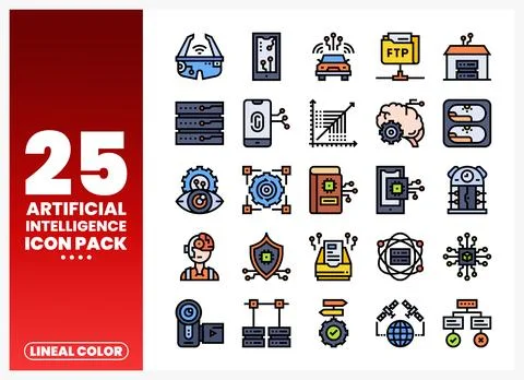 AI icon pack with various technology symbols in lineal color style Stock Illustration