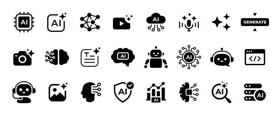 AI icon set. Artificial intelligence model symbol. AI generated video, phot.. イラスト素材