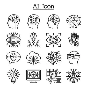 AI icon set with brain, robot, eye, hand, cloud, network, VR, drone, DNA, a.. Illustrazione stock