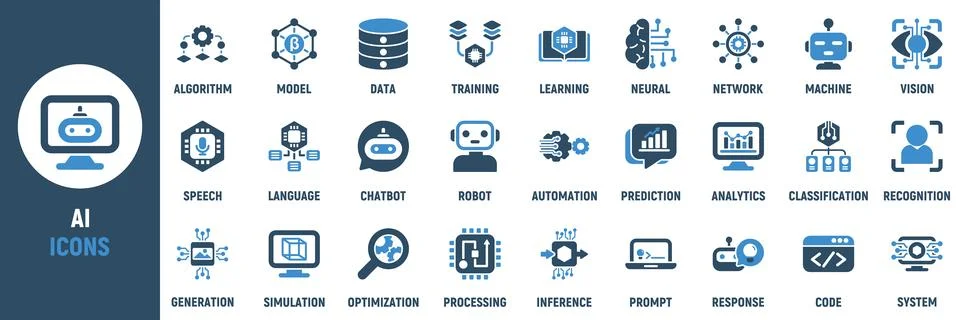 AI icon set. Containing algorithm, neural, machine Illustrazione stock