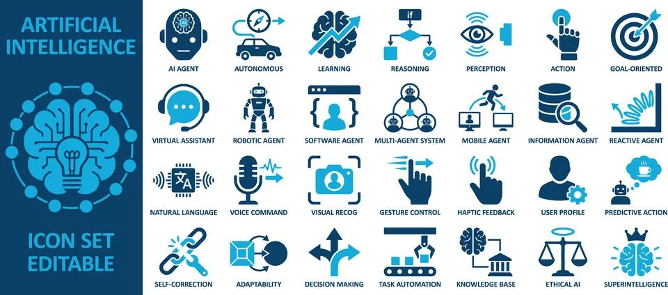 AI icon set featuring various artificial intelligence concepts and tools Stock Illustration