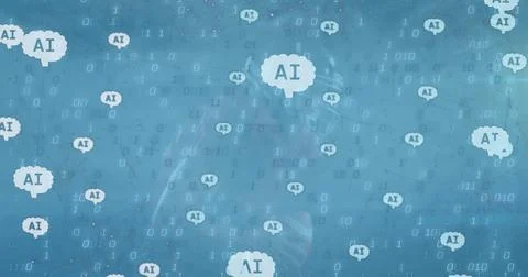 AI icons and binary code overlaying abstract background, illustrating digital Stock Photos