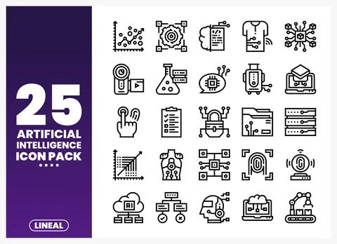 AI icons data charts. robotics. brain. cloud. Diverse technology symbols in.. Stock Illustration