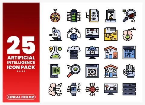AI icons pack computer. brain. machine learning. data. technology Stockillustratie