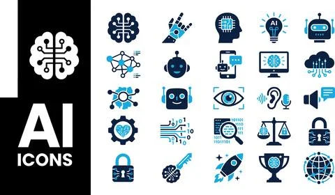 AI Icons Set - Brain, Robot, Technology, Science, and Innovation Symbols. Illustrazione stock